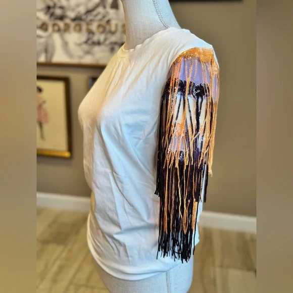 New! QUEEN OF SPARKLES Orange and Purple Sequin Fringe Spirit Tee - Picture 4 of 8